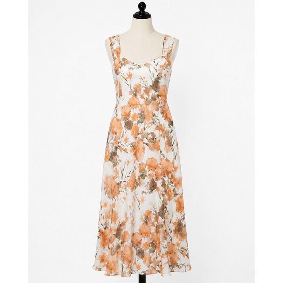 dressbarn Dresses & Skirts - Dressbarn Orange Floral Sweetheart Midi Dress Womens 14 White Sleeveless Chiffon